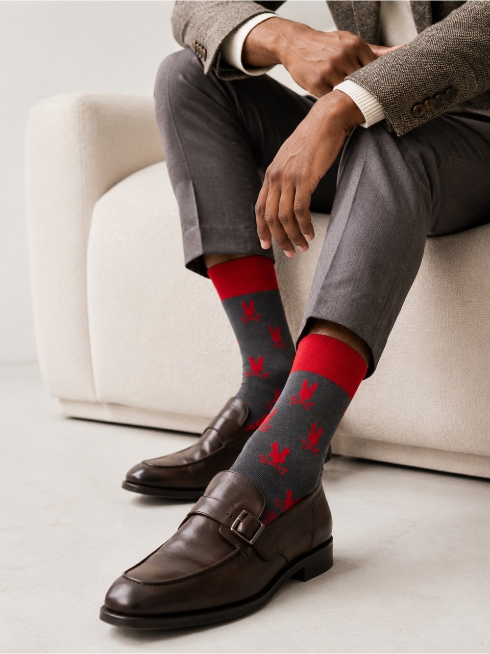 Psycho Bunny Men's Crew Socks Charcoal Grey Red Bunny Logo Size O/S NWT